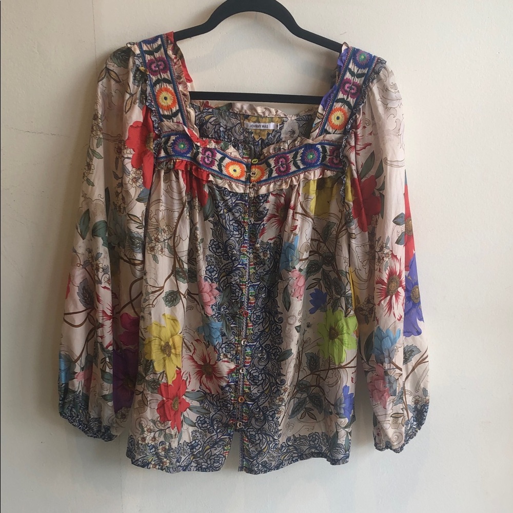 Johnny Was Multicolor Floral Embroidered Blouse
